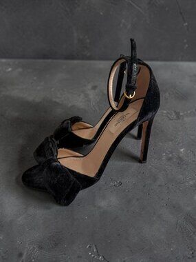 VALENTINO Black Velvet Bow Ankle Strap Heels Size 37.5 / US 7.5